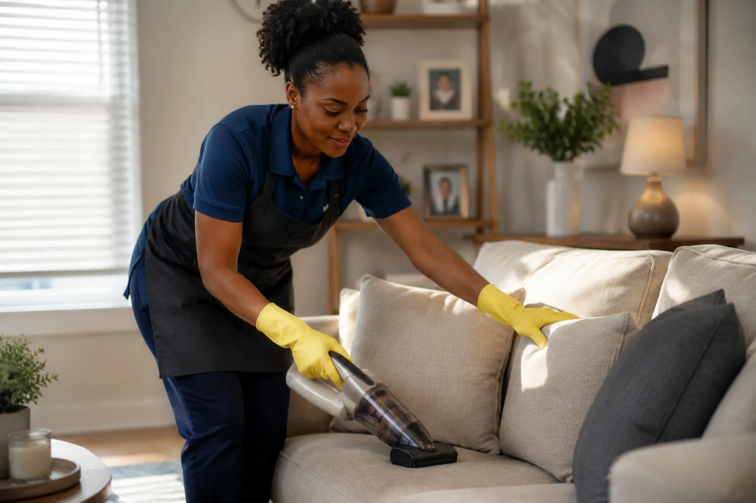 Morning Star homemaker carefully vacuums the sofa, creating a clean, comfortable and welcoming home.