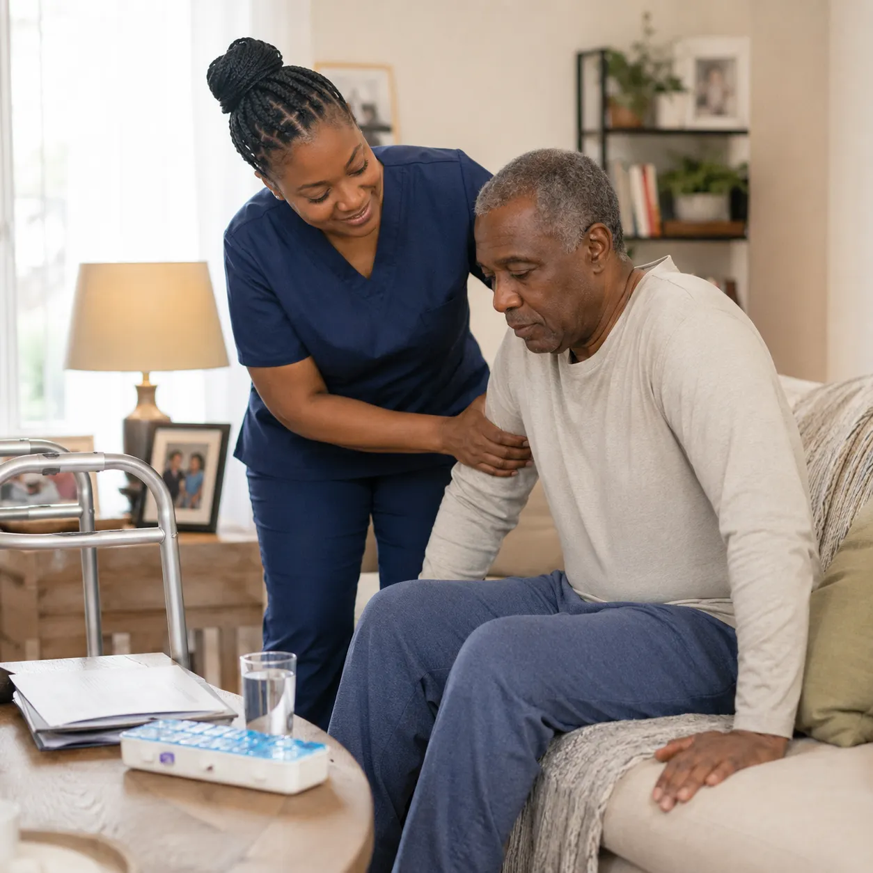 Morning Star caregiver helps a senior man rise safely from his sofa beside a walker in his cozy home